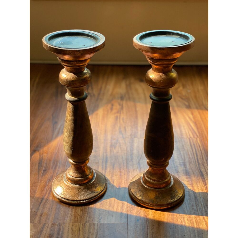 Pair of Distressed Gold Wood Pillar Candle Holders 12" Rustic Farmhouse Decor